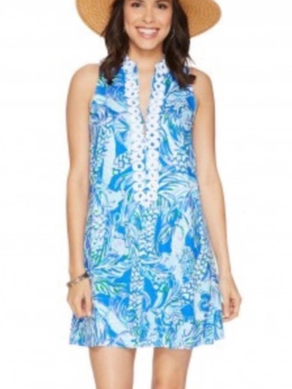 Lilly Pulitzer Blue & White Sleeveless V-Neck Printed Jane Shift Dress